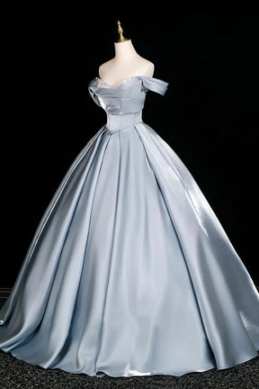 Satin Off-the-Shoulder Ball Gown - Elegant Grey Blue Long Formal Dress for Prom