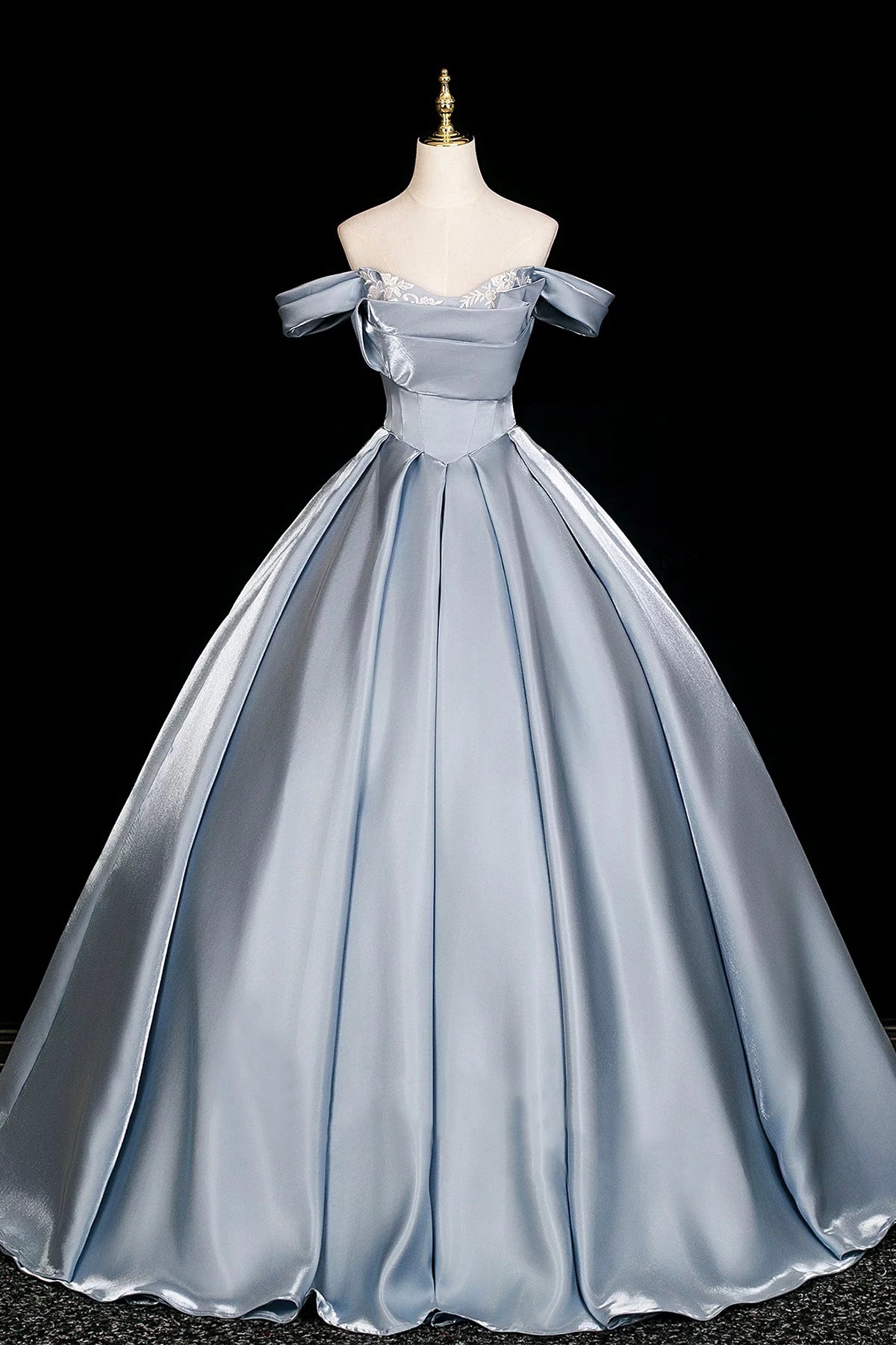 Satin Off-the-Shoulder Ball Gown - Elegant Grey Blue Long Formal Dress for Prom