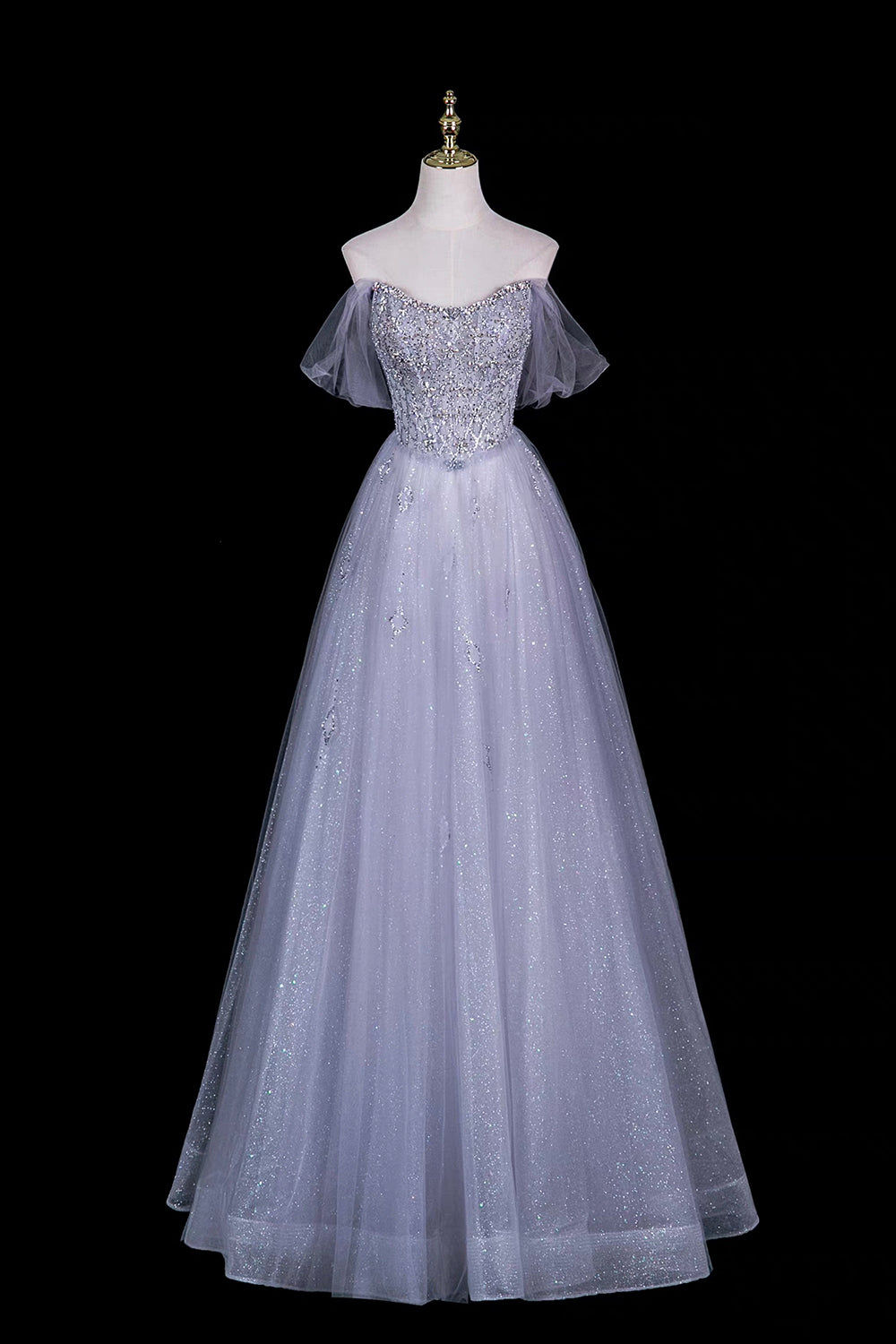 Grey Sequin Off-Shoulder Ball Gown with Crystal Beaded Bodice – Sparkling A-Line, Custom Fit