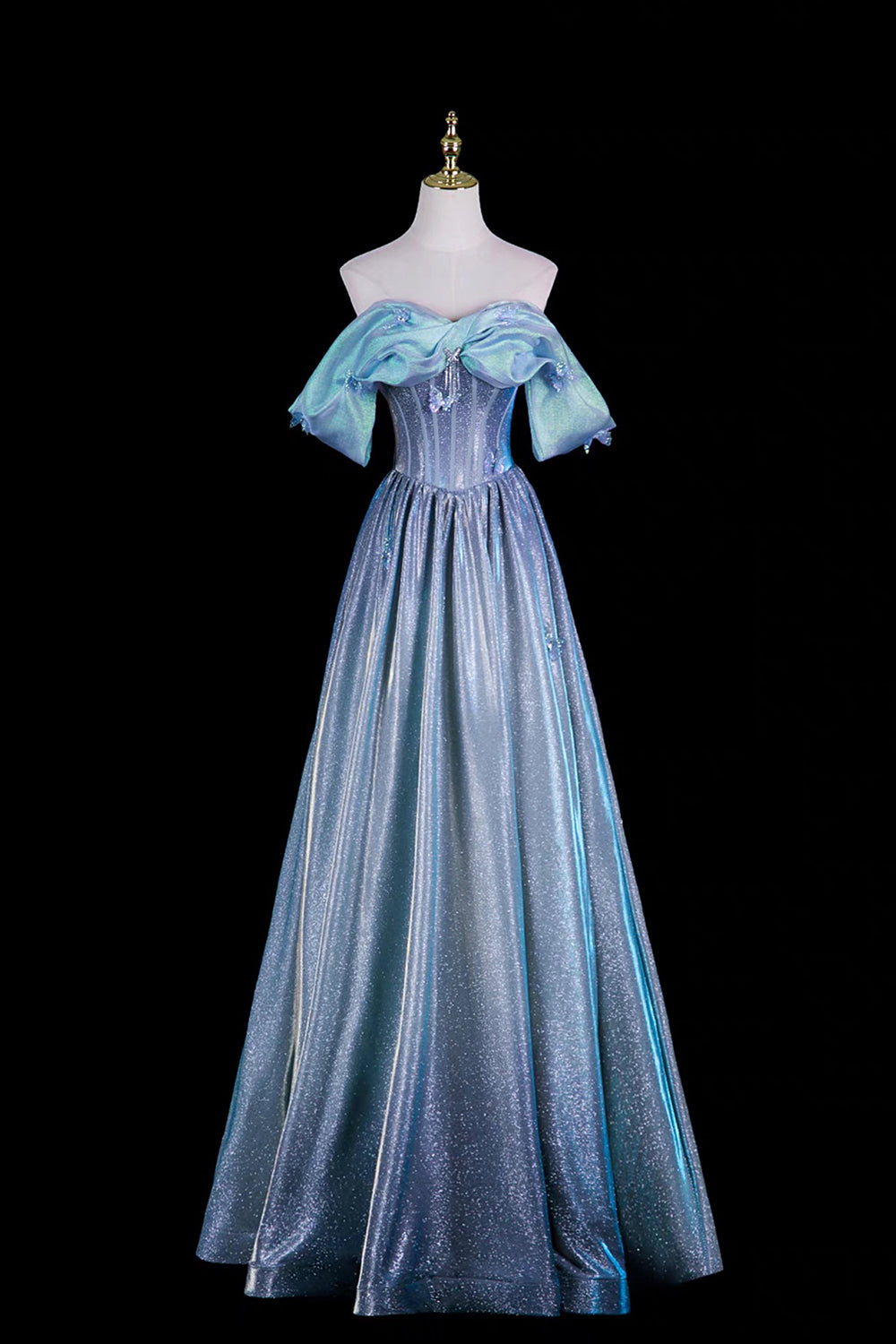 Light Blue Iridescent Off-Shoulder Ball Gown with  Butterfly Accents