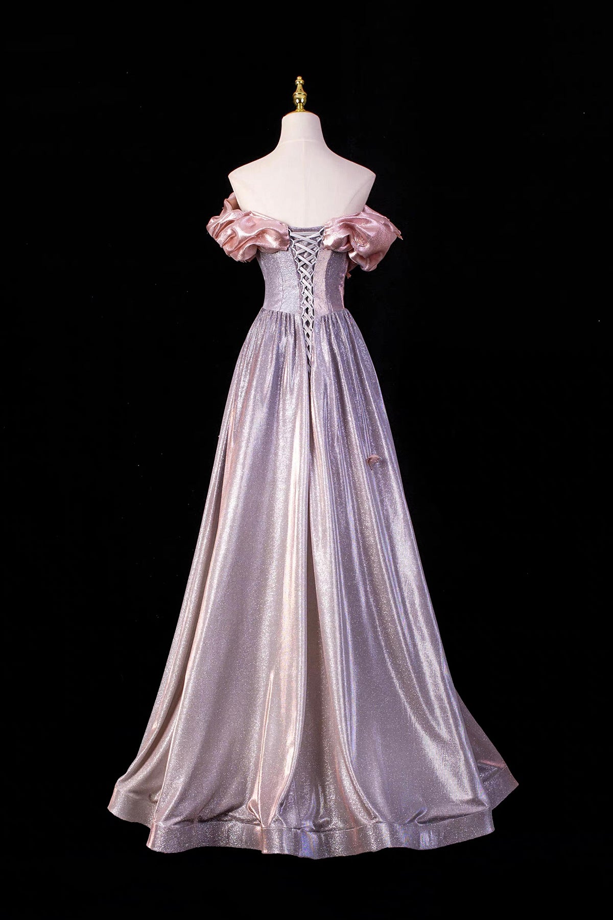 Pink-Lavender Shimmer Off-the-Shoulder Ball Gown with Ruffled Neckline