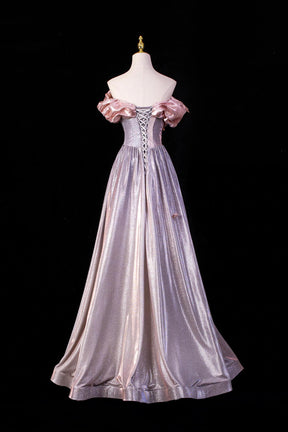 Pink-Lavender Shimmer Off-the-Shoulder Ball Gown with Ruffled Neckline