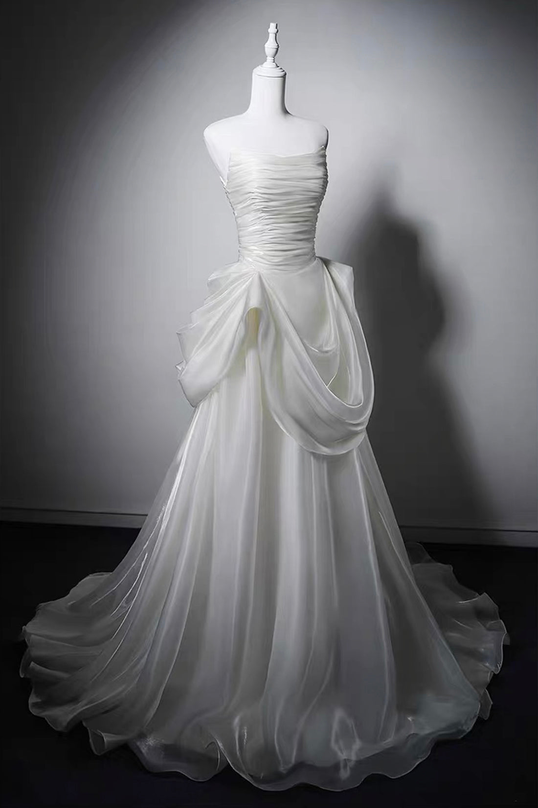 Ivory Strapless Ruched Satin A-Line Wedding Gown with Asymmetrical Draped Skirt