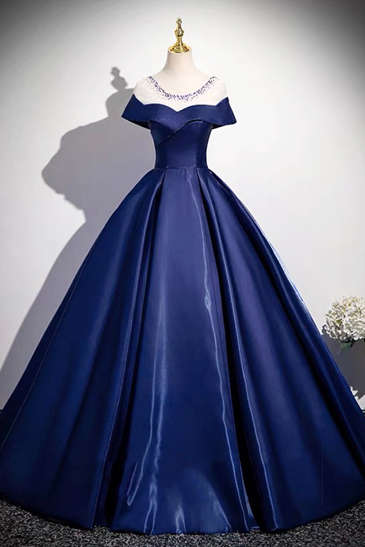Navy A-Line Satin Long Prom Dress, Navy Short Sleeve Evening Party Dress
