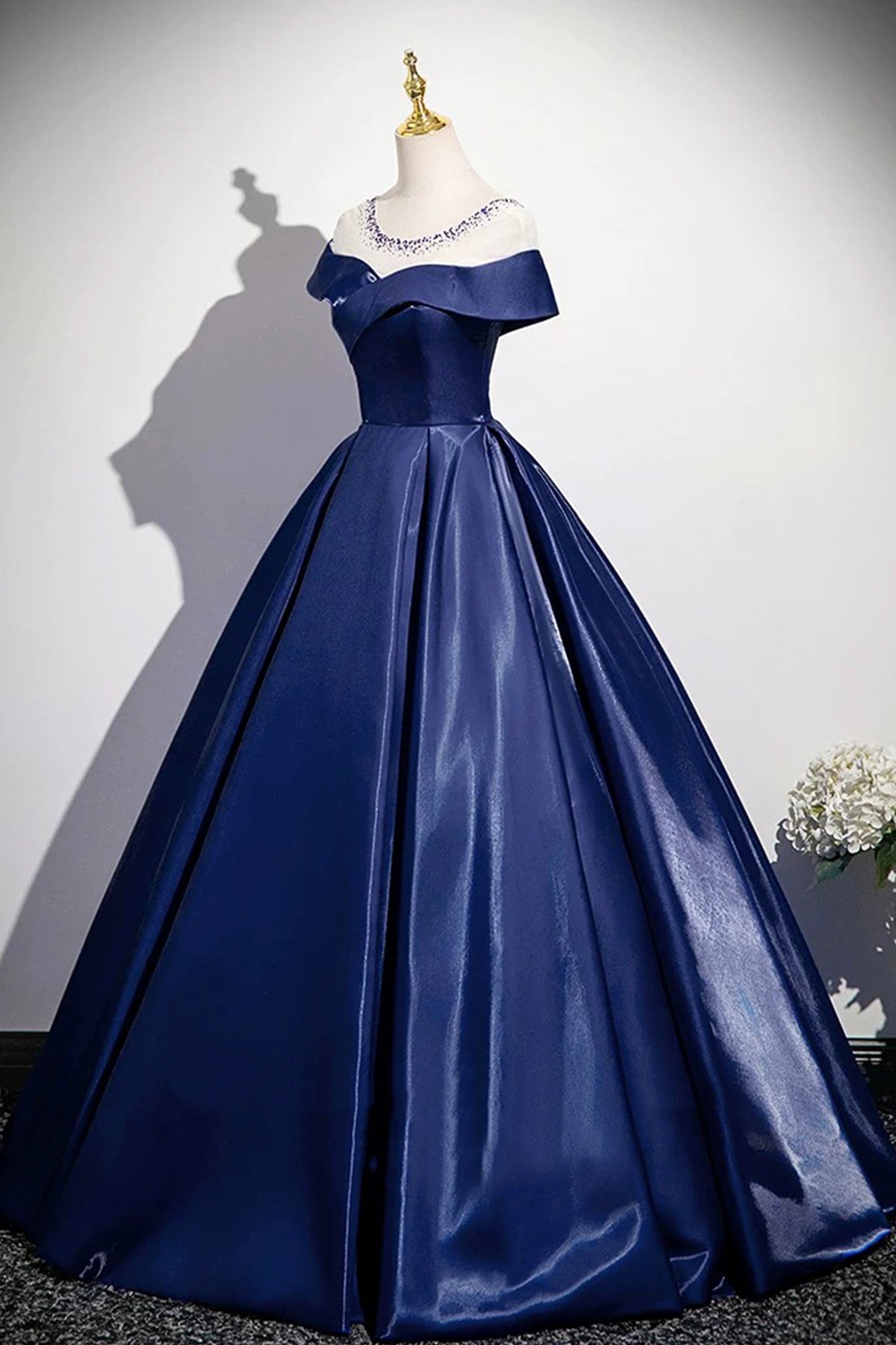 Navy A-Line Satin Long Prom Dress, Navy Short Sleeve Evening Party Dress