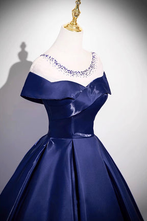 Navy A-Line Satin Long Prom Dress, Navy Short Sleeve Evening Party Dress