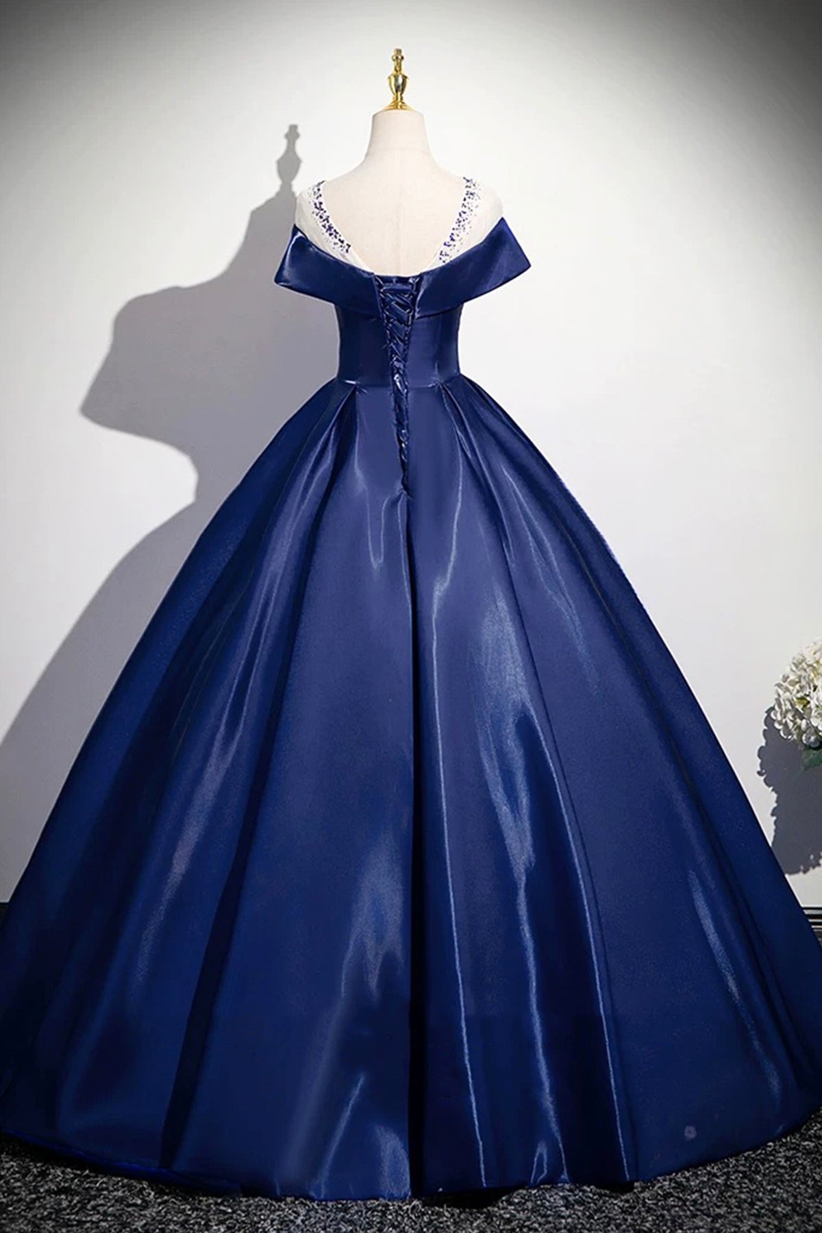 Navy A-Line Satin Long Prom Dress, Navy Short Sleeve Evening Party Dress