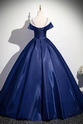 Navy A-Line Satin Long Prom Dress, Navy Short Sleeve Evening Party Dress