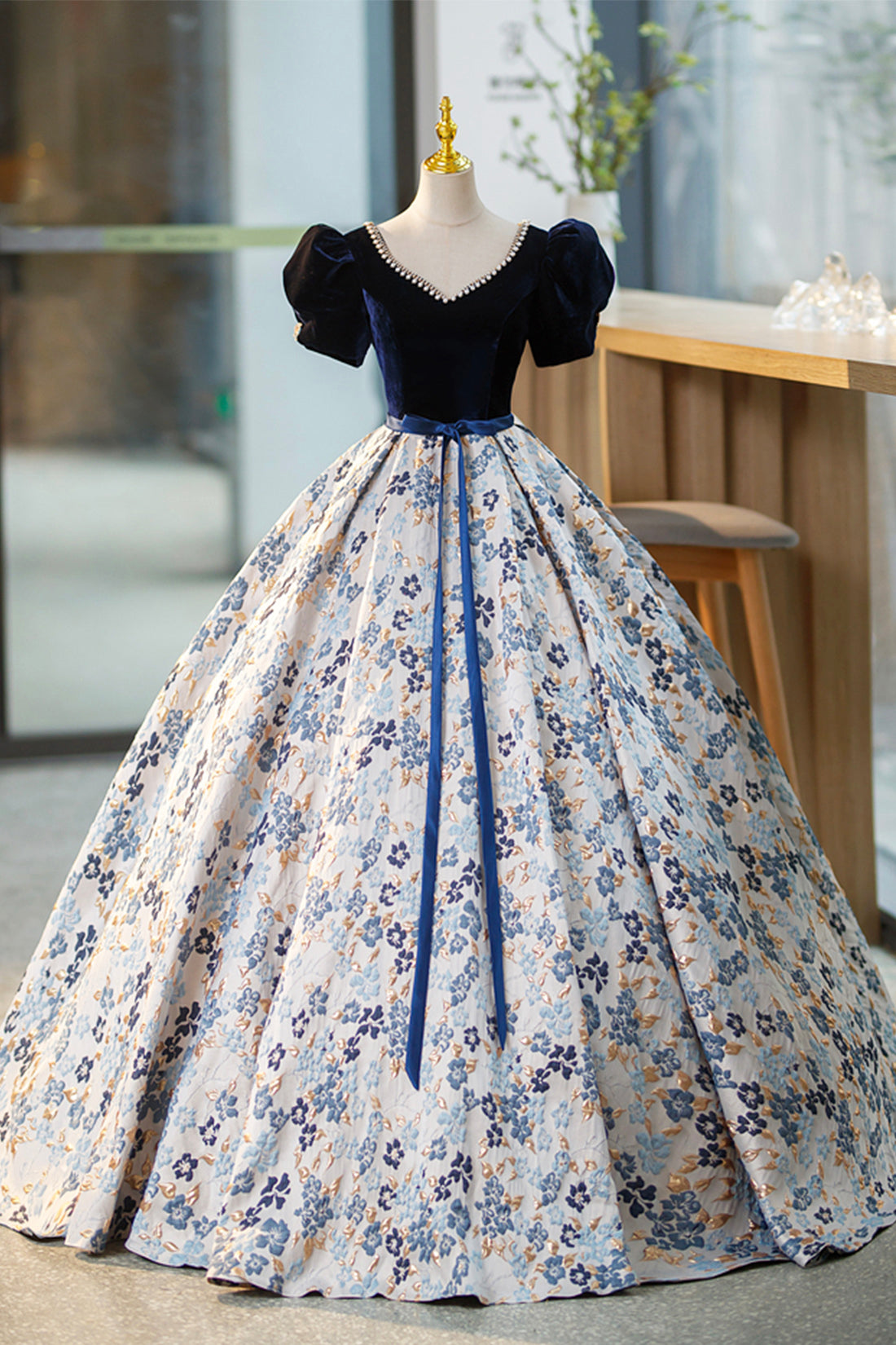 Blue Velvet Floor Length Prom Dress with Short Sleeve, Blue V-Neck Formal Evening Dress