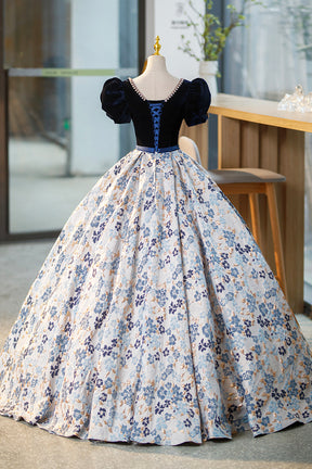 Blue Velvet Floor Length Prom Dress with Short Sleeve, Blue V-Neck Formal Evening Dress