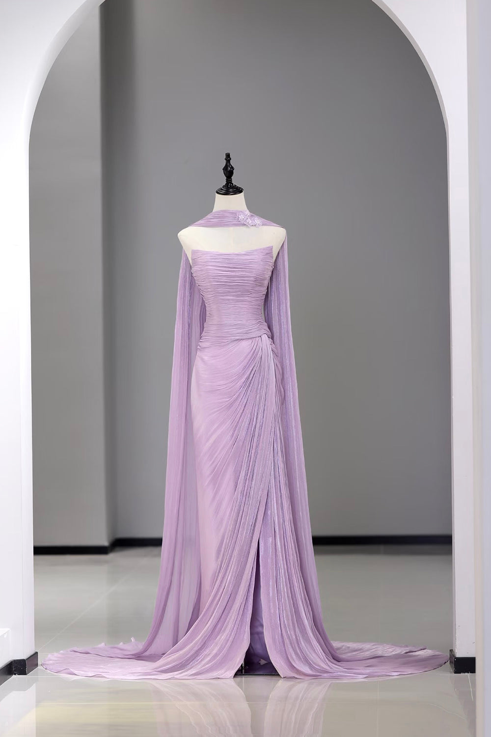 Lavender Pleated Strapless Prom Dress with Cape Sleeves
