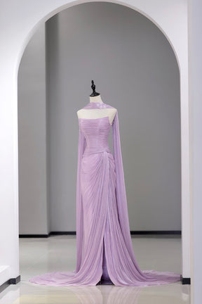 Lavender Pleated Strapless Prom Dress with Cape Sleeves