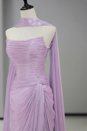 Lavender Pleated Strapless Prom Dress with Cape Sleeves