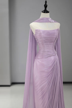 Lavender Pleated Strapless Prom Dress with Cape Sleeves
