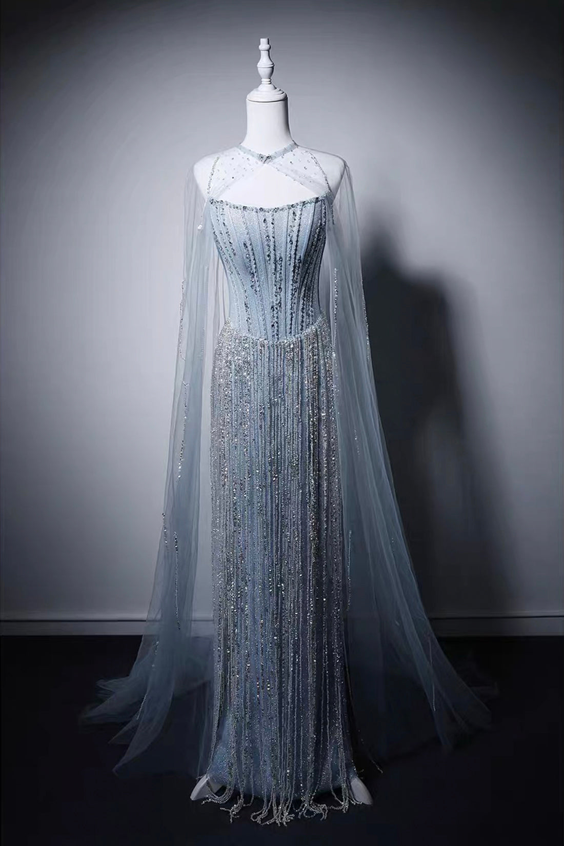 Elegant Light Blue Beaded Mermaid Gown with Detachable Tulle Cape