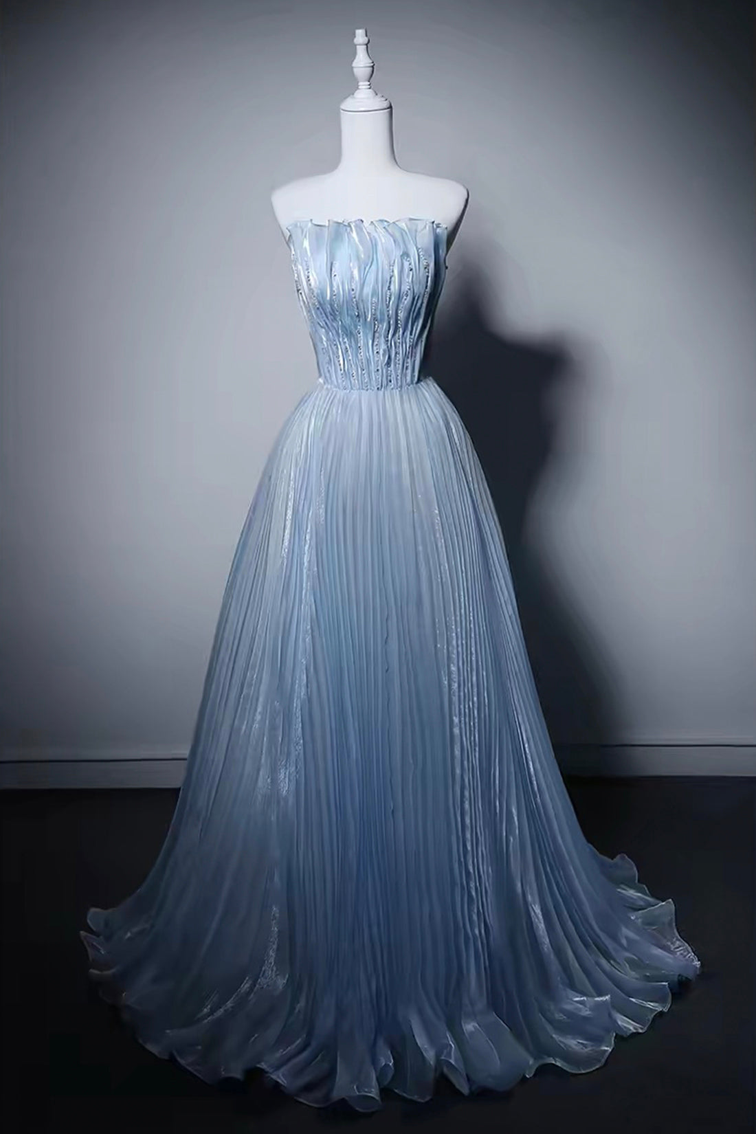 Light Blue Off-Shoulder Beaded Waist Pleated Gown with Ruffled Shoulders