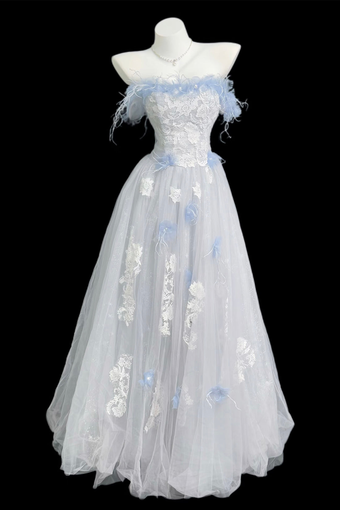 Blue and  Gray Feather Lace Off-Shoulder Gown with Tulle Skirt
