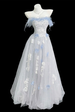 Blue and  Gray Feather Lace Off-Shoulder Gown with Tulle Skirt