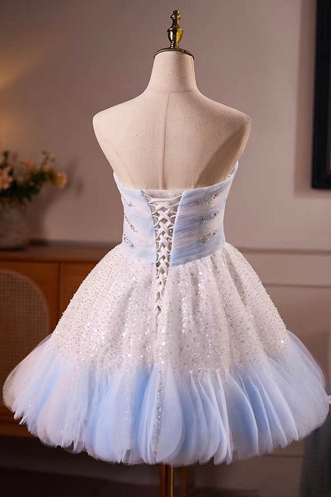 Light Blue Gradient Sequin Strapless Mini Dress with Tulle Skirt