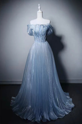 Light Blue Off-Shoulder Beaded Waist Pleated Gown with Ruffled Shoulders