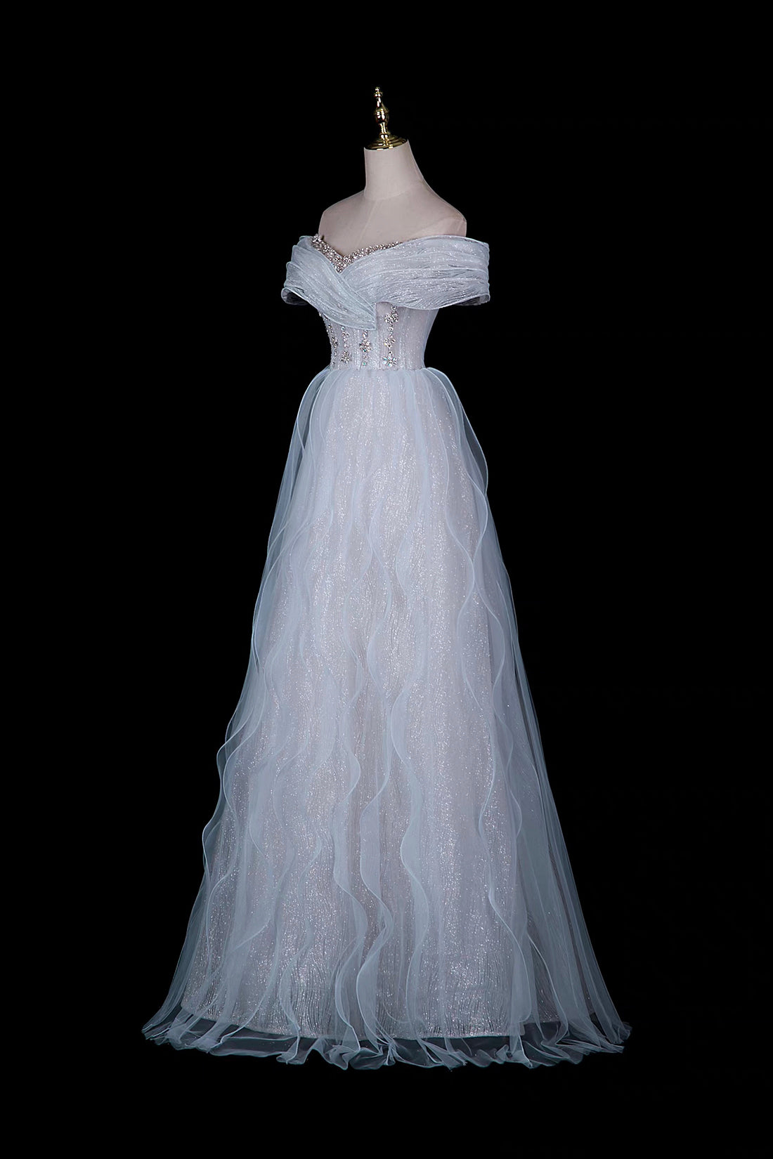 Light Blue Off-Shoulder Beaded Waist Tulle Evening Gown with Ruffled Skirt