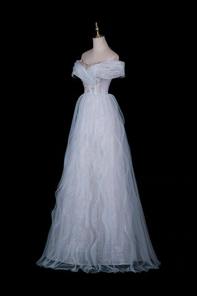 Light Blue Off-Shoulder Beaded Waist Tulle Evening Gown with Ruffled Skirt