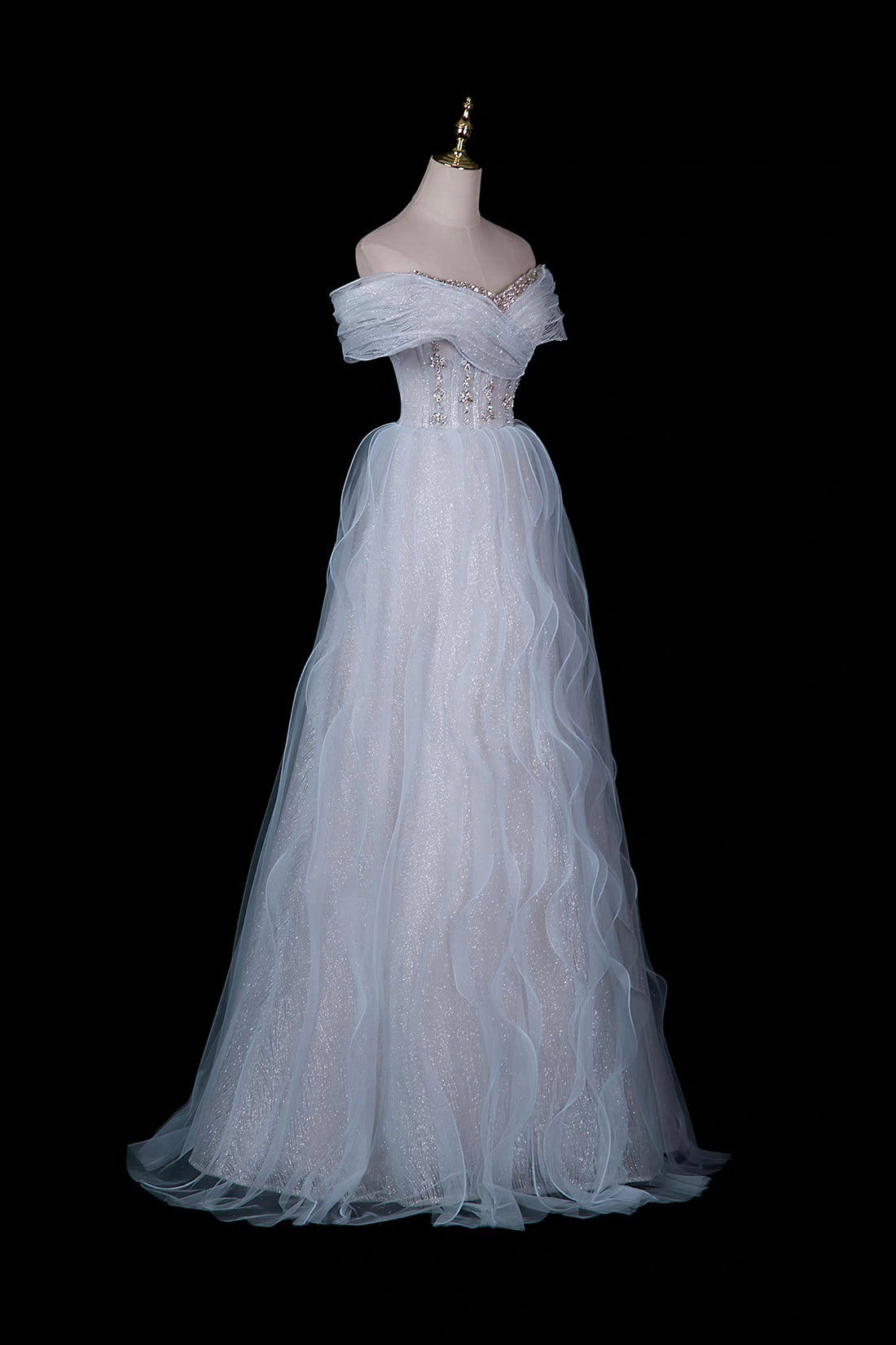 Light Blue Off-Shoulder Beaded Waist Tulle Evening Gown with Ruffled Skirt
