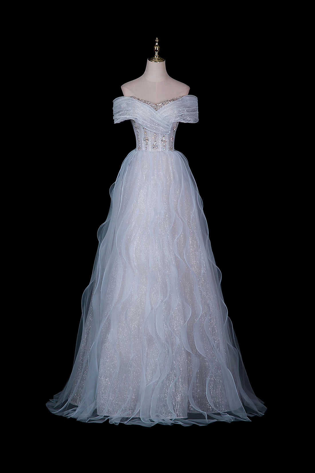 Light Blue Off-Shoulder Beaded Waist Tulle Evening Gown with Ruffled Skirt