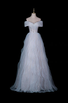 Light Blue Off-Shoulder Beaded Waist Tulle Evening Gown with Ruffled Skirt