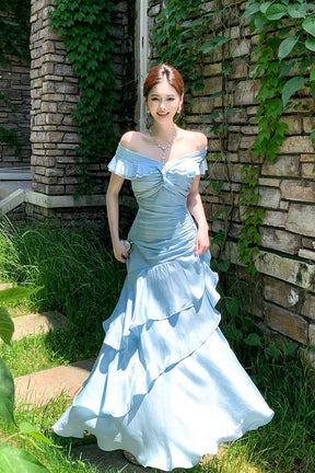 Light Blue Off-Shoulder Ruffled Mermaid Gown with Layered Skirt