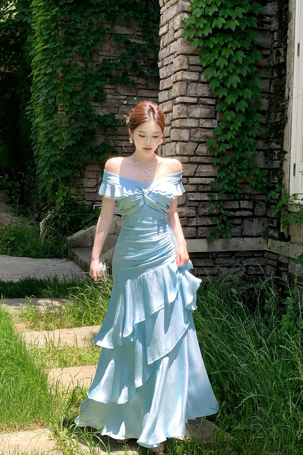 Light Blue Off-Shoulder Ruffled Mermaid Gown with Layered Skirt