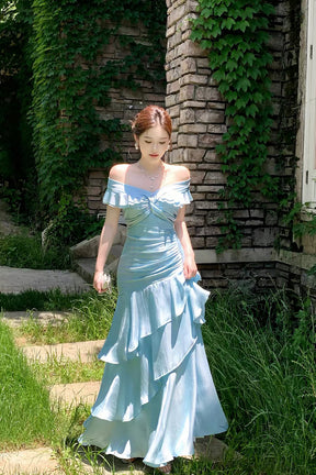 Light Blue Off-Shoulder Ruffled Mermaid Gown with Layered Skirt