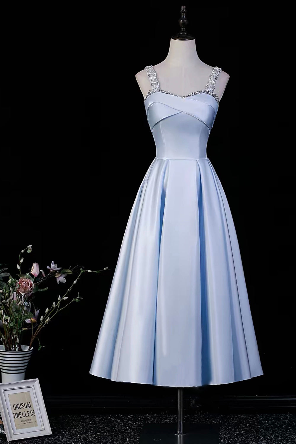 Light Blue Satin A-Line Midi Dress with Crystal & Pearl Embellished Square Neck