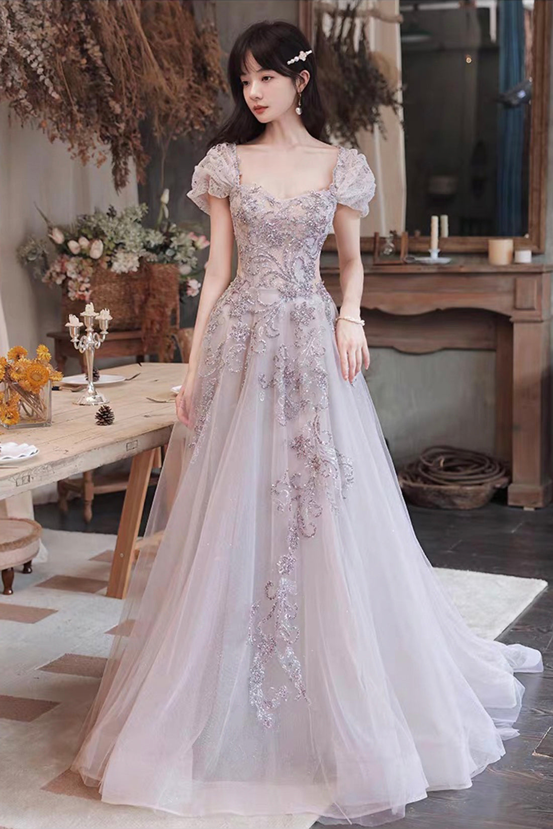 Lilac Grey Square Neck Bubble Sleeve Tulle Gown with Sequin Embroidery