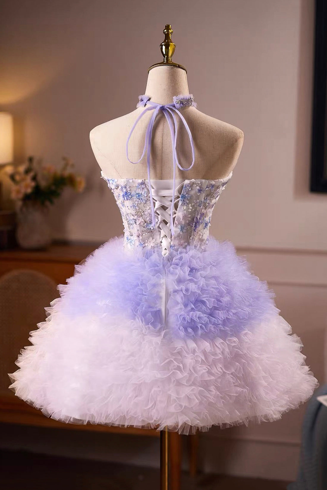 Lilac Floral Appliqué Strapless Mini Dress with Ruffled Tulle Skirt