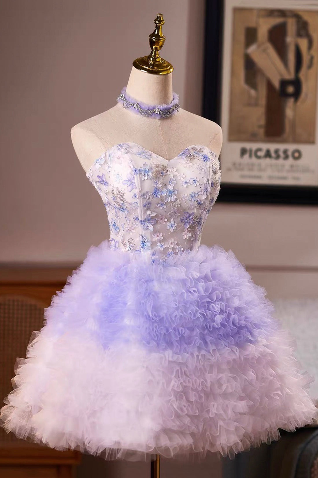 Lilac Floral Appliqué Strapless Mini Dress with Ruffled Tulle Skirt