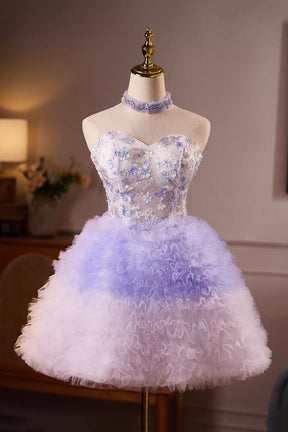 Lilac Floral Appliqué Strapless Mini Dress with Ruffled Tulle Skirt