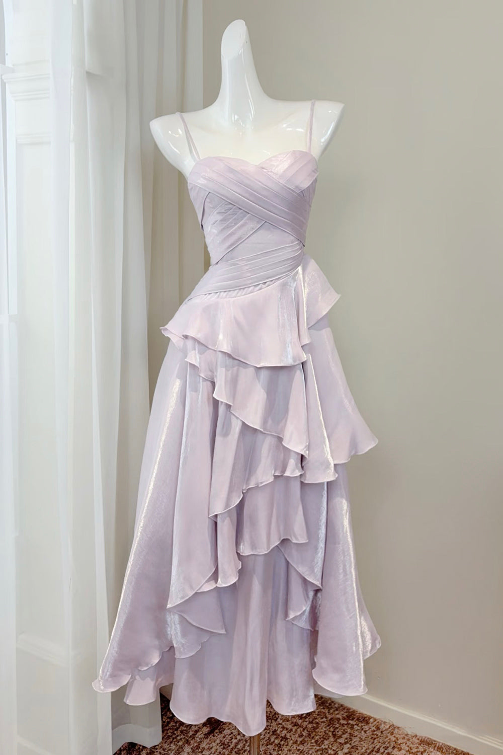 Lilac Iridescent Spaghetti Strap Gown with Cascading Ruffles & Asymmetrical Skirt – Romantic Style