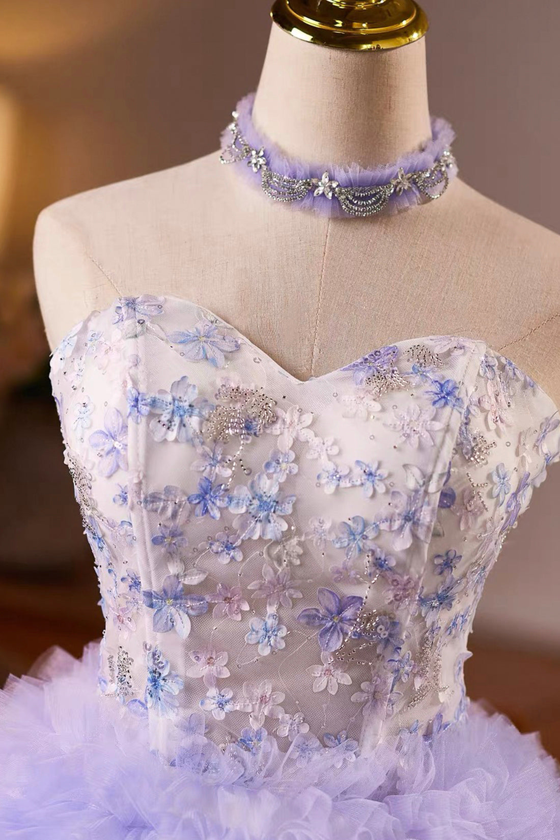 Lilac Floral Appliqué Strapless Mini Dress with Ruffled Tulle Skirt