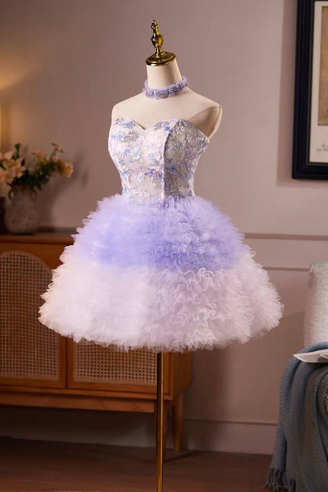 Lilac Floral Appliqué Strapless Mini Dress with Ruffled Tulle Skirt