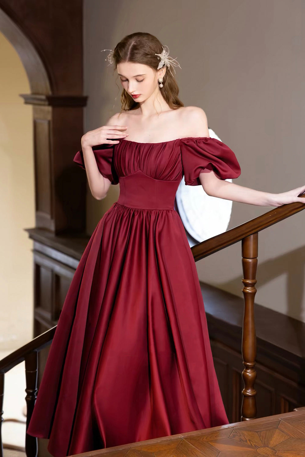 Burgundy Satin Square Neck Ball Gown with Puff Sleeves & Corset Back