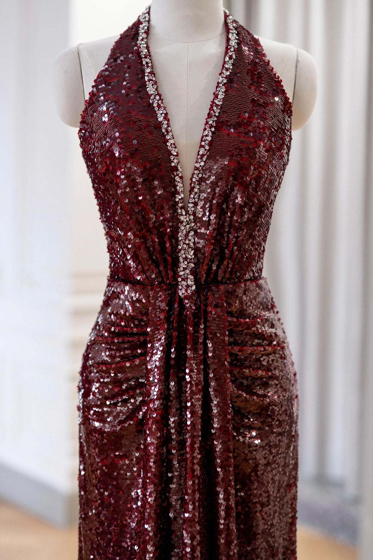 Burgundy Sequins Long Prom Dress, A-Line V-Neck Evening Party Dress