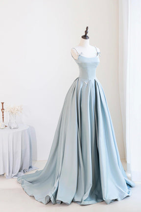 Blue Satin Long A-Line Prom Dress, Beautiful Spaghetti Straps Backless Evening Dress