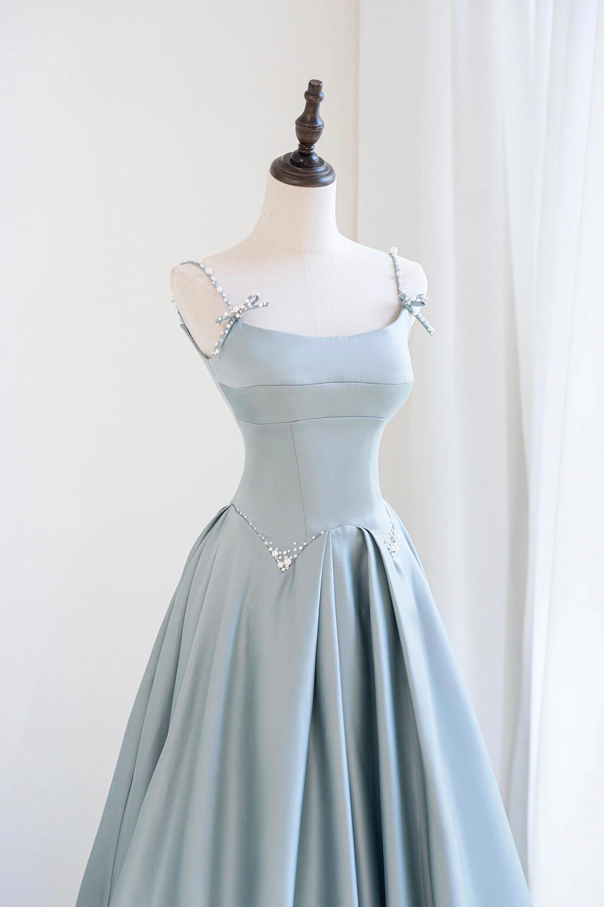 Blue Satin Long A-Line Prom Dress, Beautiful Spaghetti Straps Backless Evening Dress