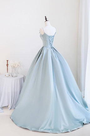 Blue Satin Long A-Line Prom Dress, Beautiful Spaghetti Straps Backless Evening Dress