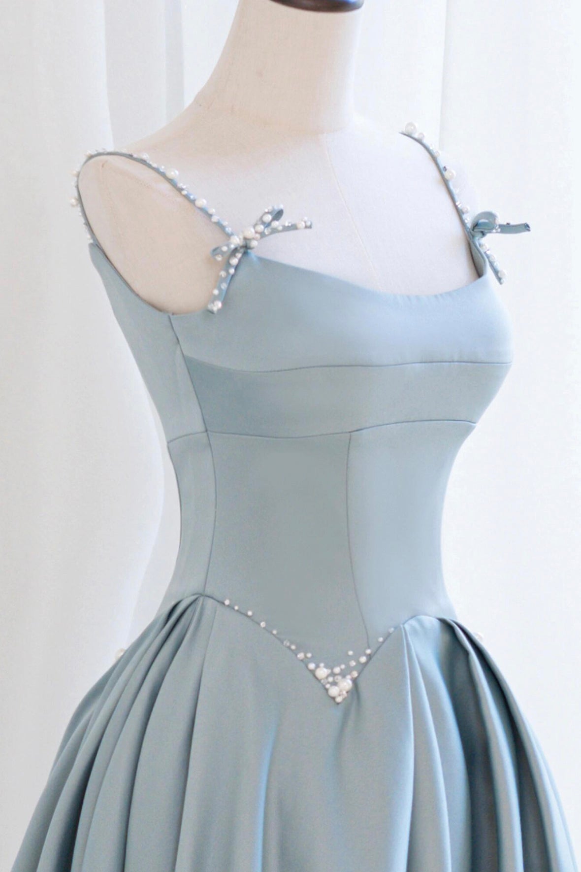 Blue Satin Long A-Line Prom Dress, Beautiful Spaghetti Straps Backless Evening Dress