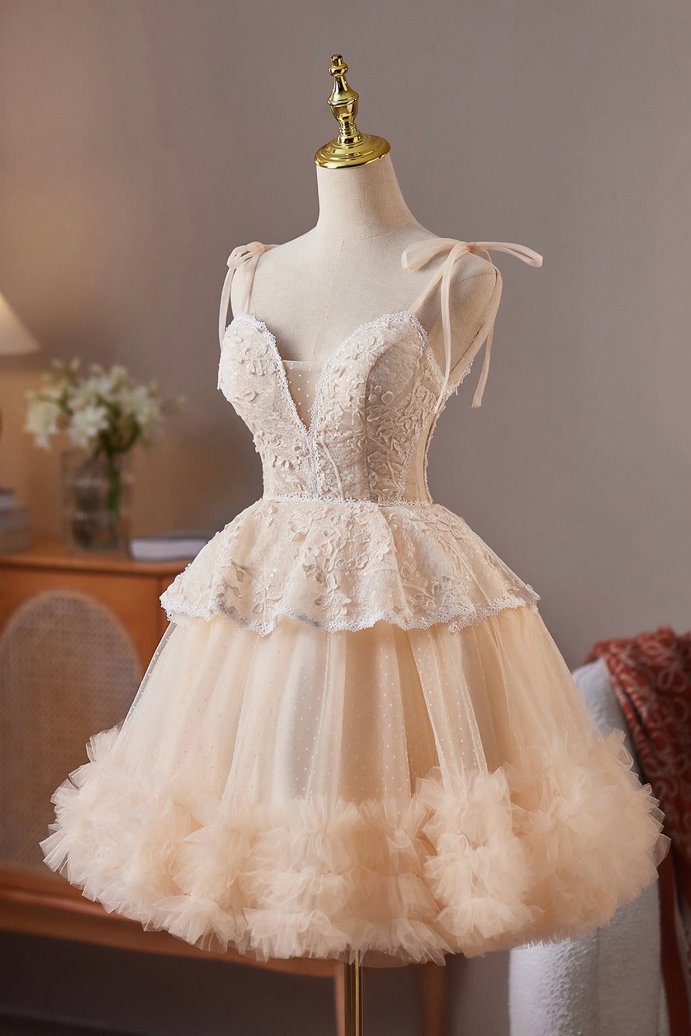 A-Line Tulle Lace Champagne Short Evening Prom Dress, Champagne Homecoming Dress