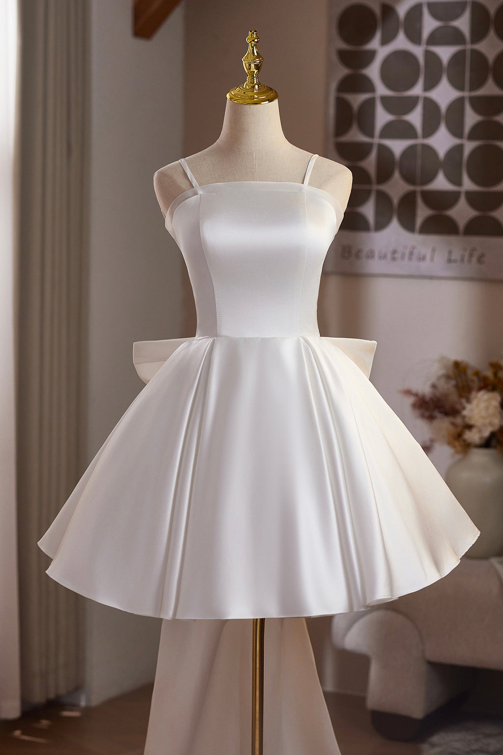 white short formal dress White Satin Short Prom Dress, A-Line Knee Length Party Dress with Bow