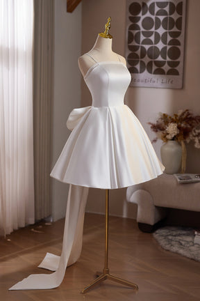 White Satin Short Prom Dress, A-Line Knee Length Party Dress with Bow