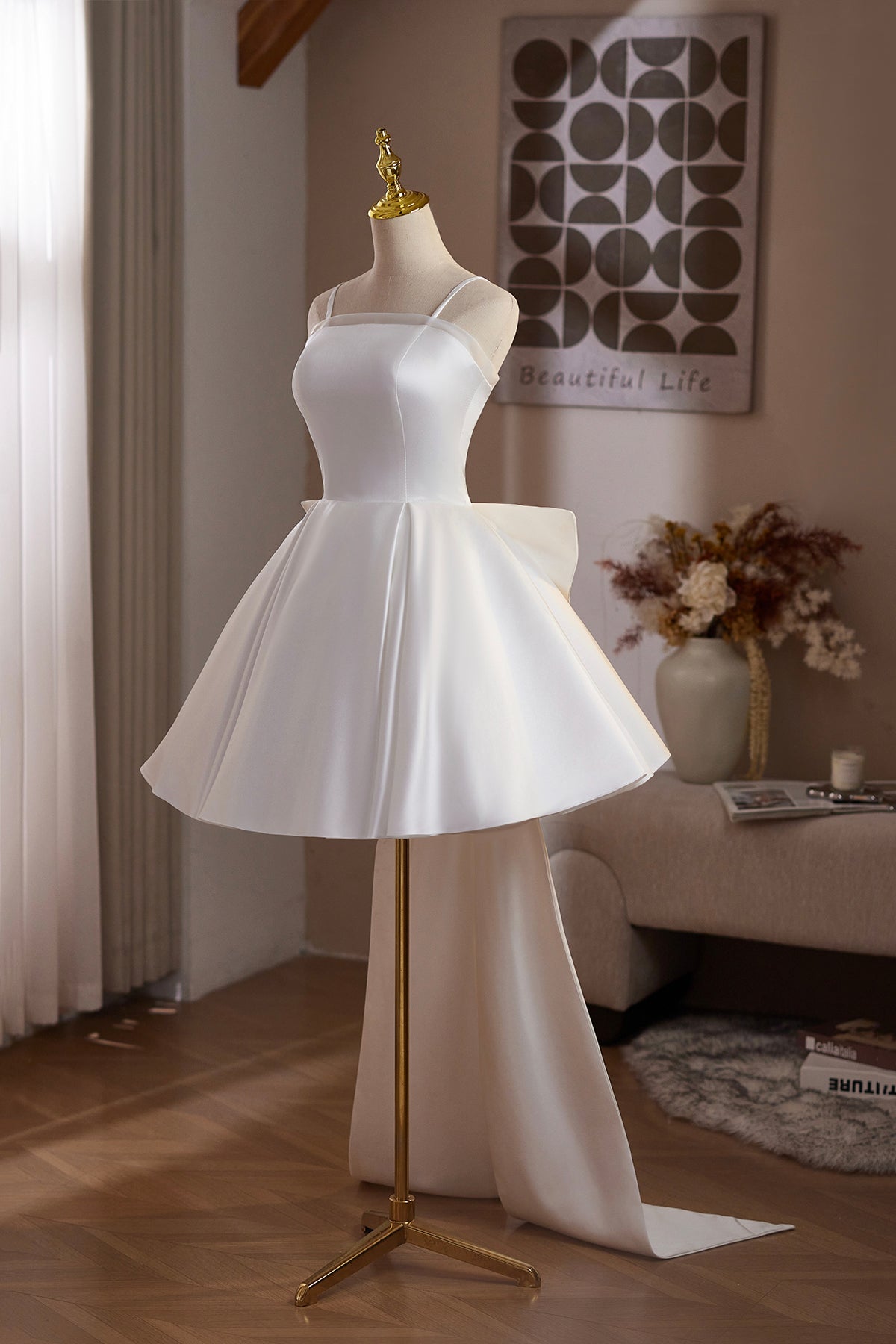 White Satin Short Prom Dress, A-Line Knee Length Party Dress with Bow